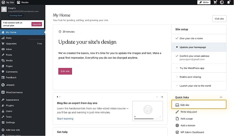 Opening the website editor on WordPress